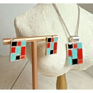 MJ Geometric Color Block Enamel Necklace & Earrings Set Abstract Modernist